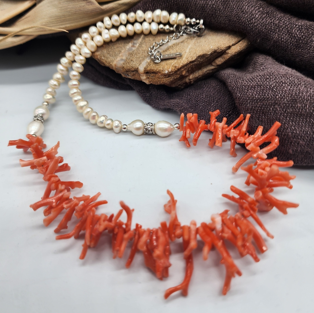 Necklace 14kt Gold Plated Freshwater Pearls Natural Alghero Coral Branch 390$
